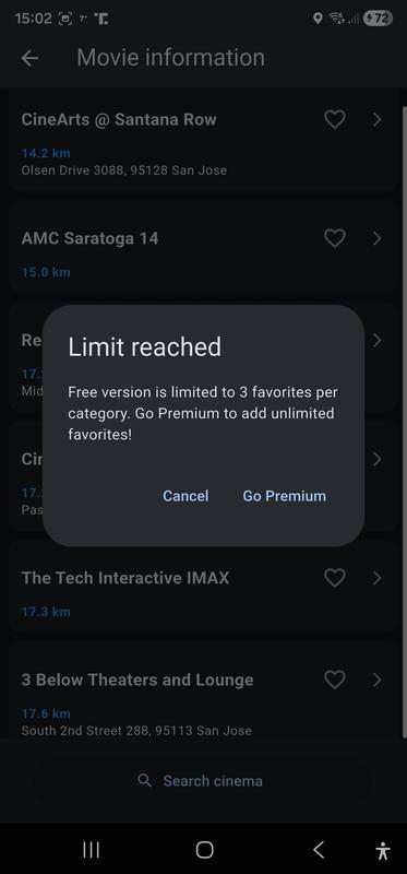 Limit reached popup screen when a user tries to add a cinema to the favorites list in Free use mode