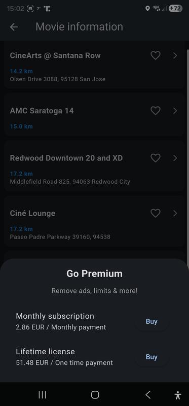 Limit reached popup screen when a user tries to add a cinema to the favorites list in Free use mode, Purchase sheet open when the user chooses 