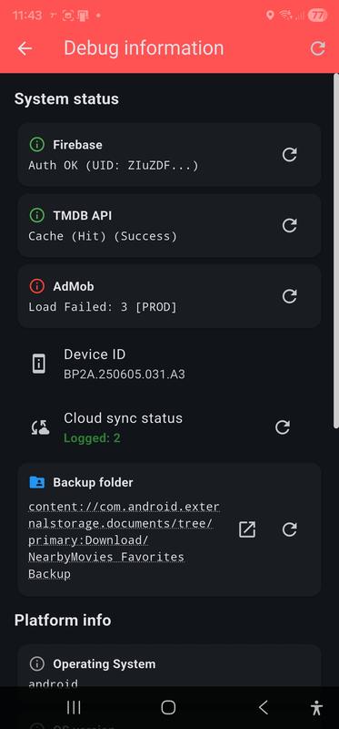 Debug information screen, top, Backup folder path, URI display mode