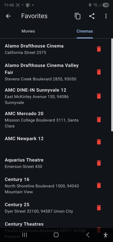 Favorites screen: cinemas