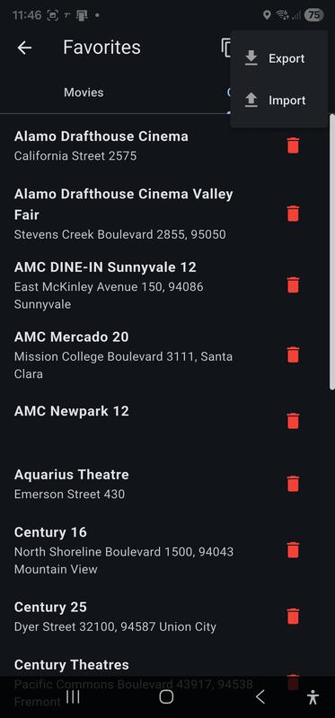 Favorites screen: import/export functions