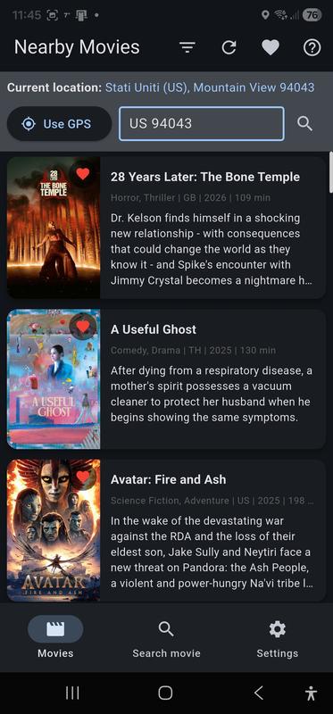 Movies with setting location input example: 2 characters ISO country and ZIP code