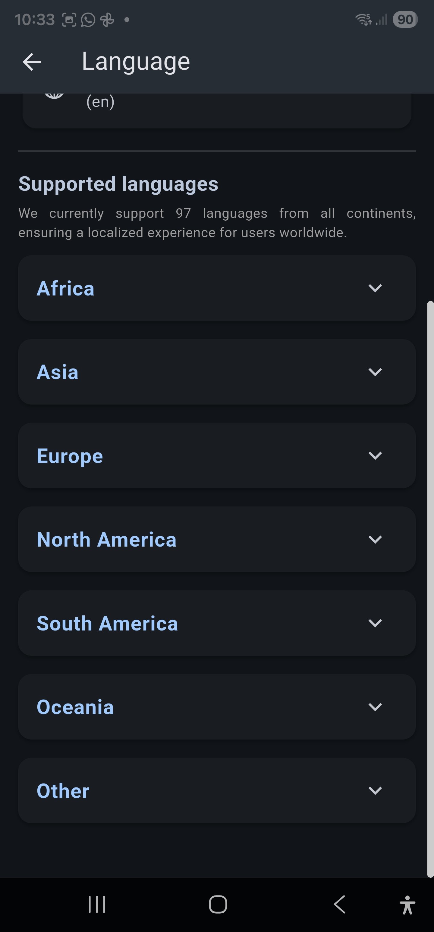 Language screen, bottom