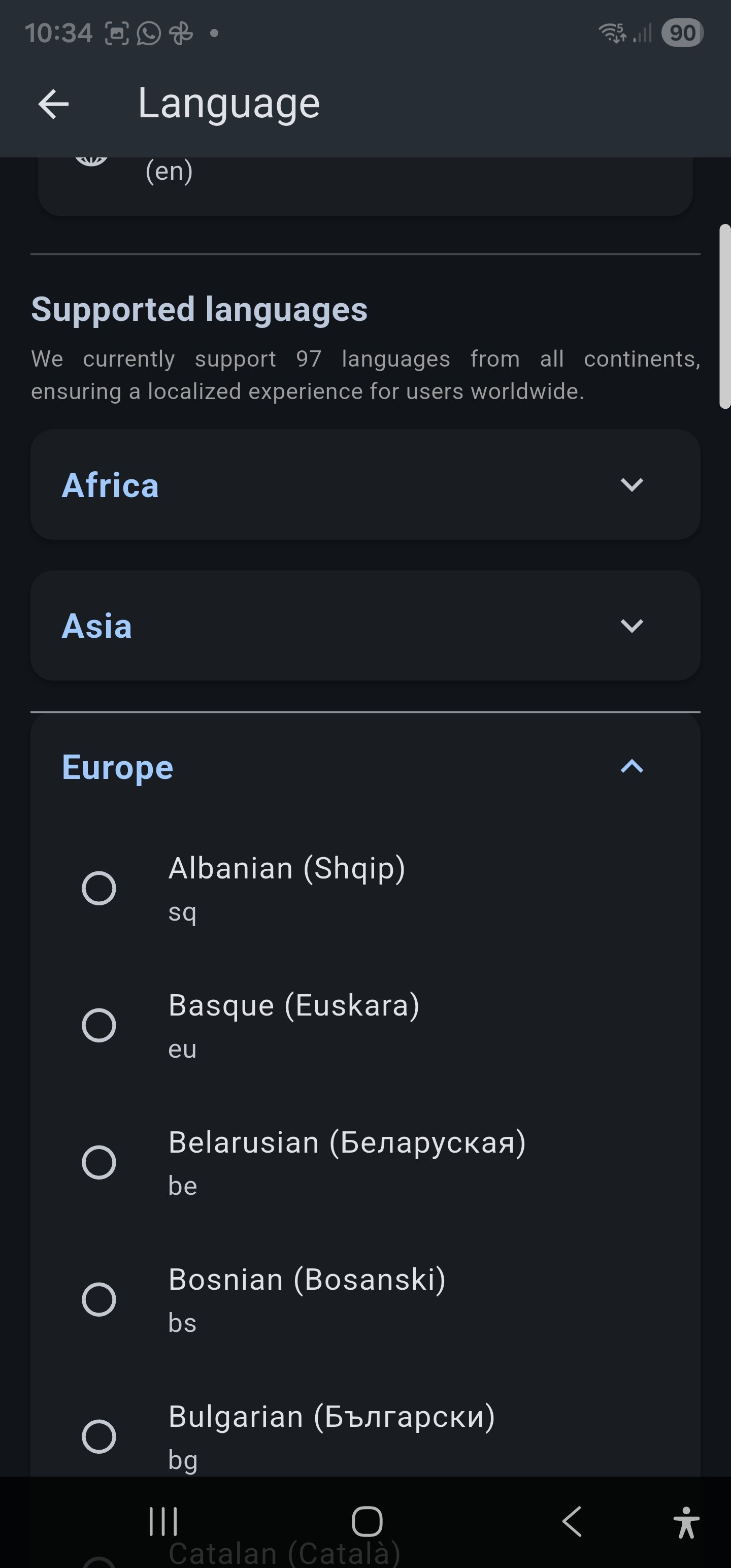 Language screen, Europe continent container opened