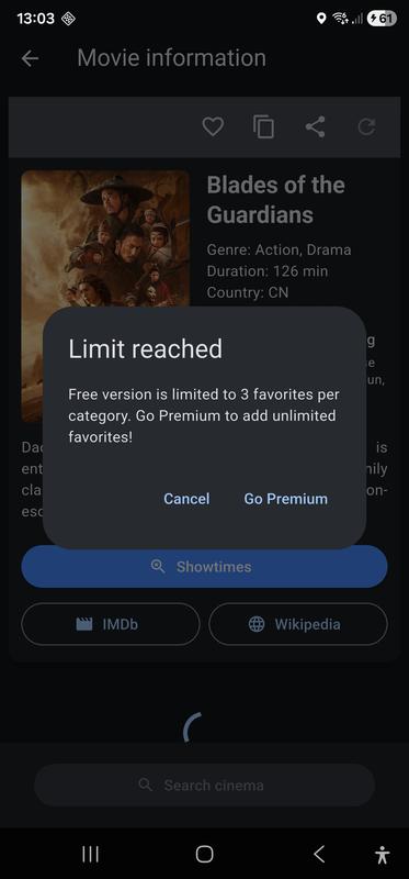 Limit reached popup screen when a user tries to add a movie to the favorites list in Free use mode