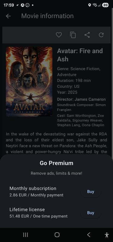 Limit reached popup screen when a user tries to add a movie to the favorites list in Free use mode, Purchase sheet open when the user chooses 