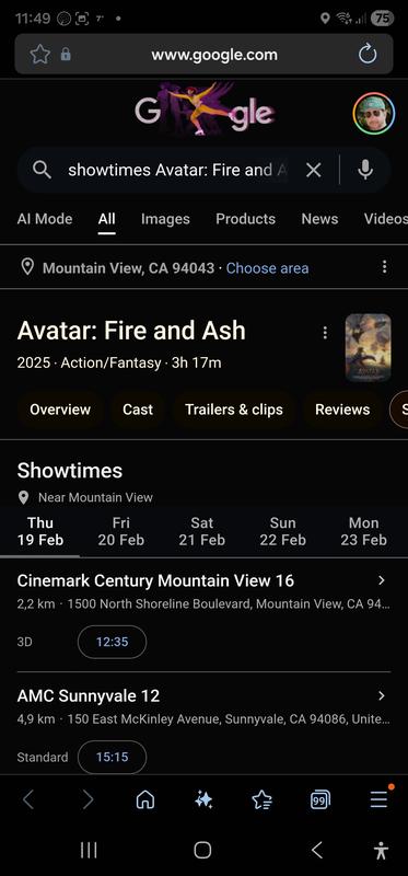 Movie showtimes from Movie information screen, example