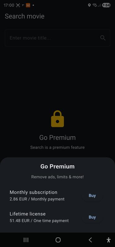 Search movie screen in Free use mode, Purchase sheet open when the user chooses 