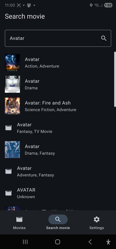 Search movie screen in Premium mode, output example
