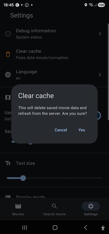 Settings screen, message from the Clear cache function