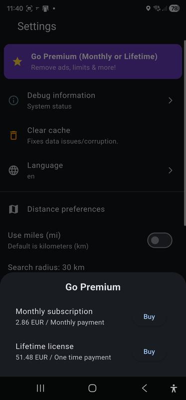 Settings screen, Free use mode, Purchase sheet open when the user chooses 
