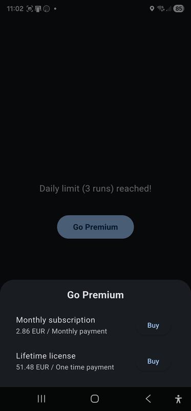 Splash screen for Free use with Day limit reached message and Purchase sheet open when the user chooses 