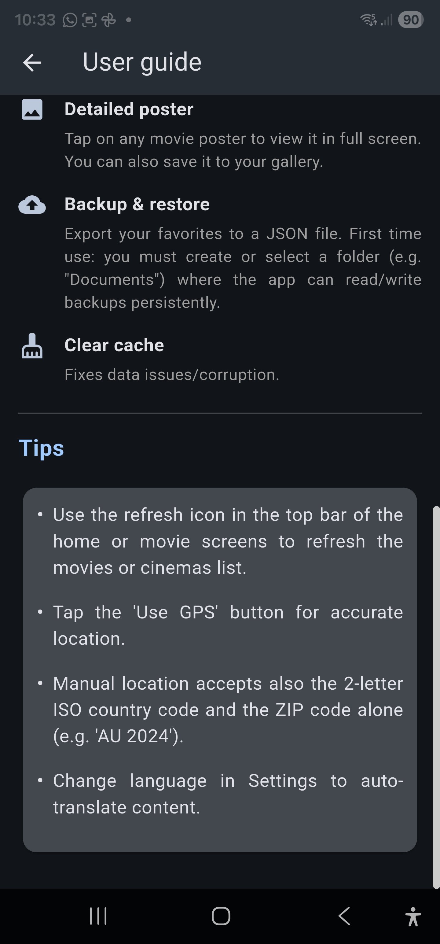 User guide screen: bottom